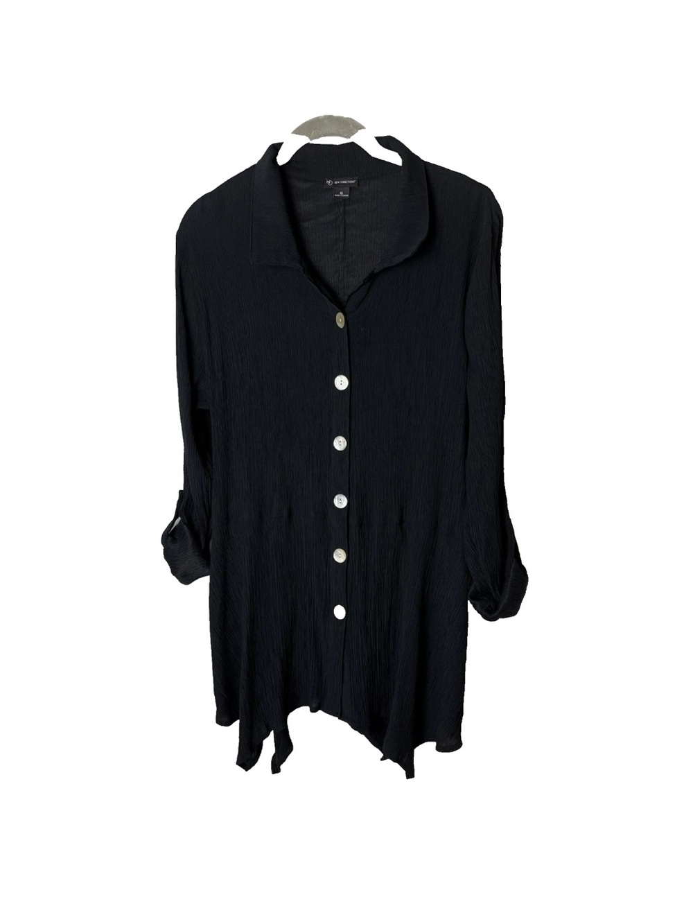 New Directions Tunic Top Size XL Crinkle Texture 3/4 Roll-Tab Sleeves Black